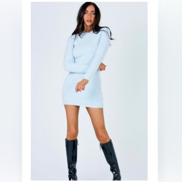 Princess Polly LS Fuzzy Sweater Mini Dress Baby Blue Stretch Ladies Sz Sm/Med - Picture 1 of 5